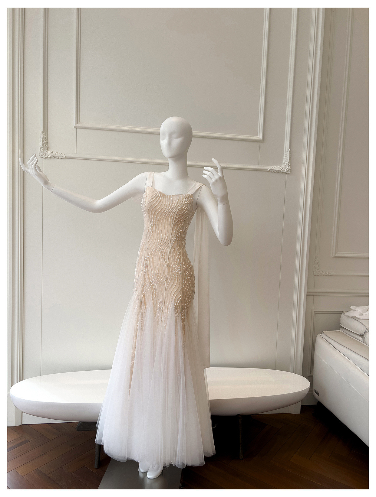 ノースリーブ リボン パール マーメイドドレス ウェディングドレス パーティー 上品 ロング 韓国風 二次会 69470