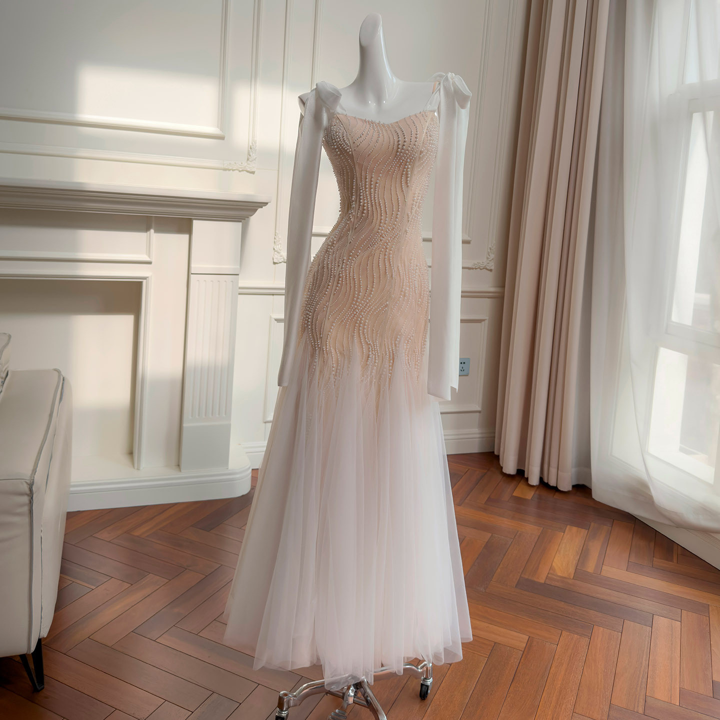 ノースリーブ リボン パール マーメイドドレス ウェディングドレス パーティー 上品 ロング 韓国風 二次会 69470