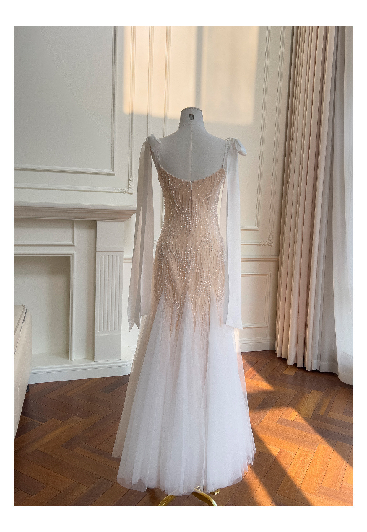 ノースリーブ リボン パール マーメイドドレス ウェディングドレス パーティー 上品 ロング 韓国風 二次会 69470