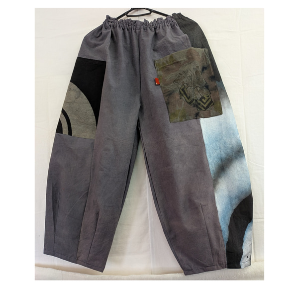 古布(風呂敷)とのぼり旗のタックパンツ 古布リメイク ロングパンツ