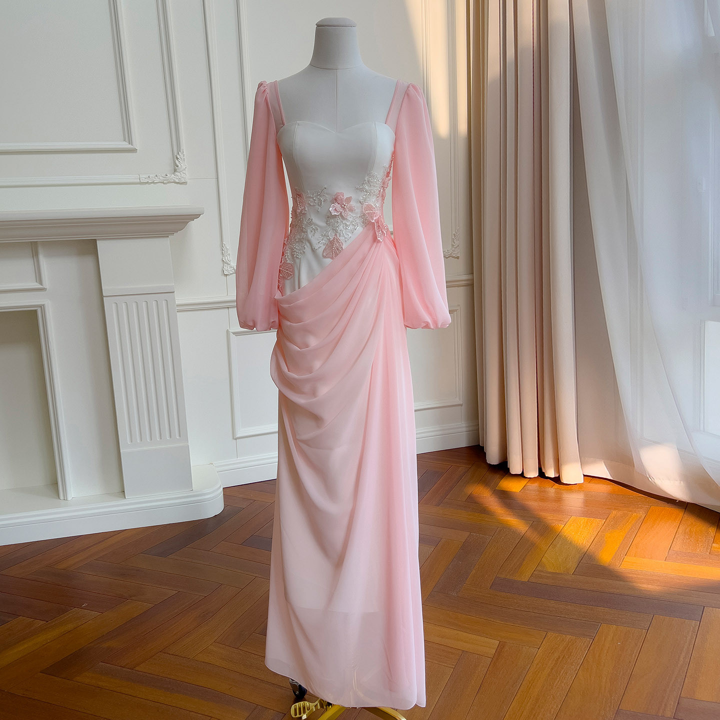 刺繡 ピンク 長袖 ウェディングドレス パーティー 綺麗 上品 ロングドレス 韓国風 二次会 69551