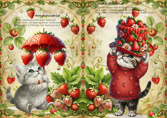 オリジナル 生地 ブロックデザイン ハンドメイド素材 パネル生地 猫 苺