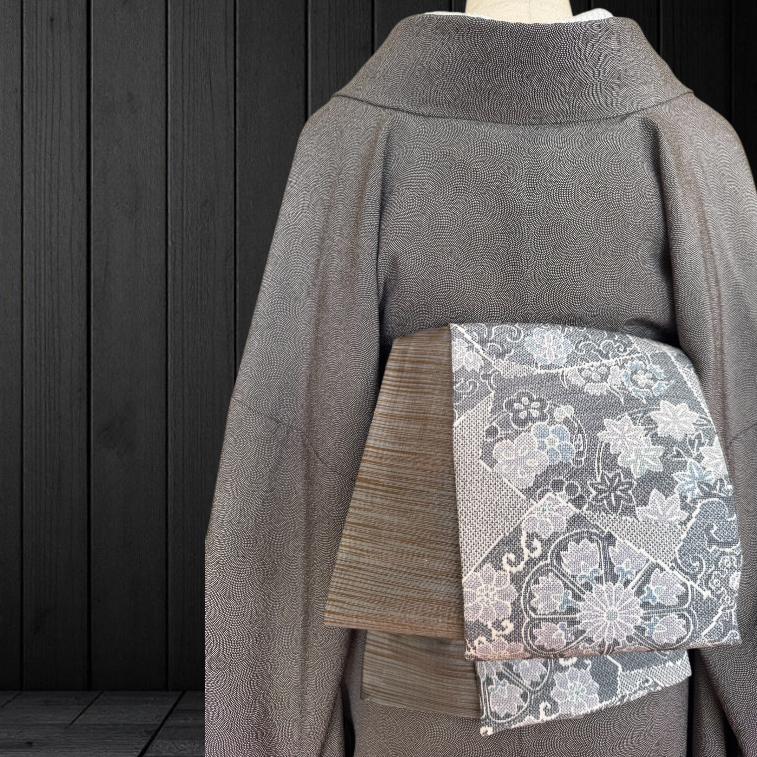 *着物反物*　小紋花唐草灰色と大島紬灰茶　大人の兵児帯　半幅帯　長尺465cm