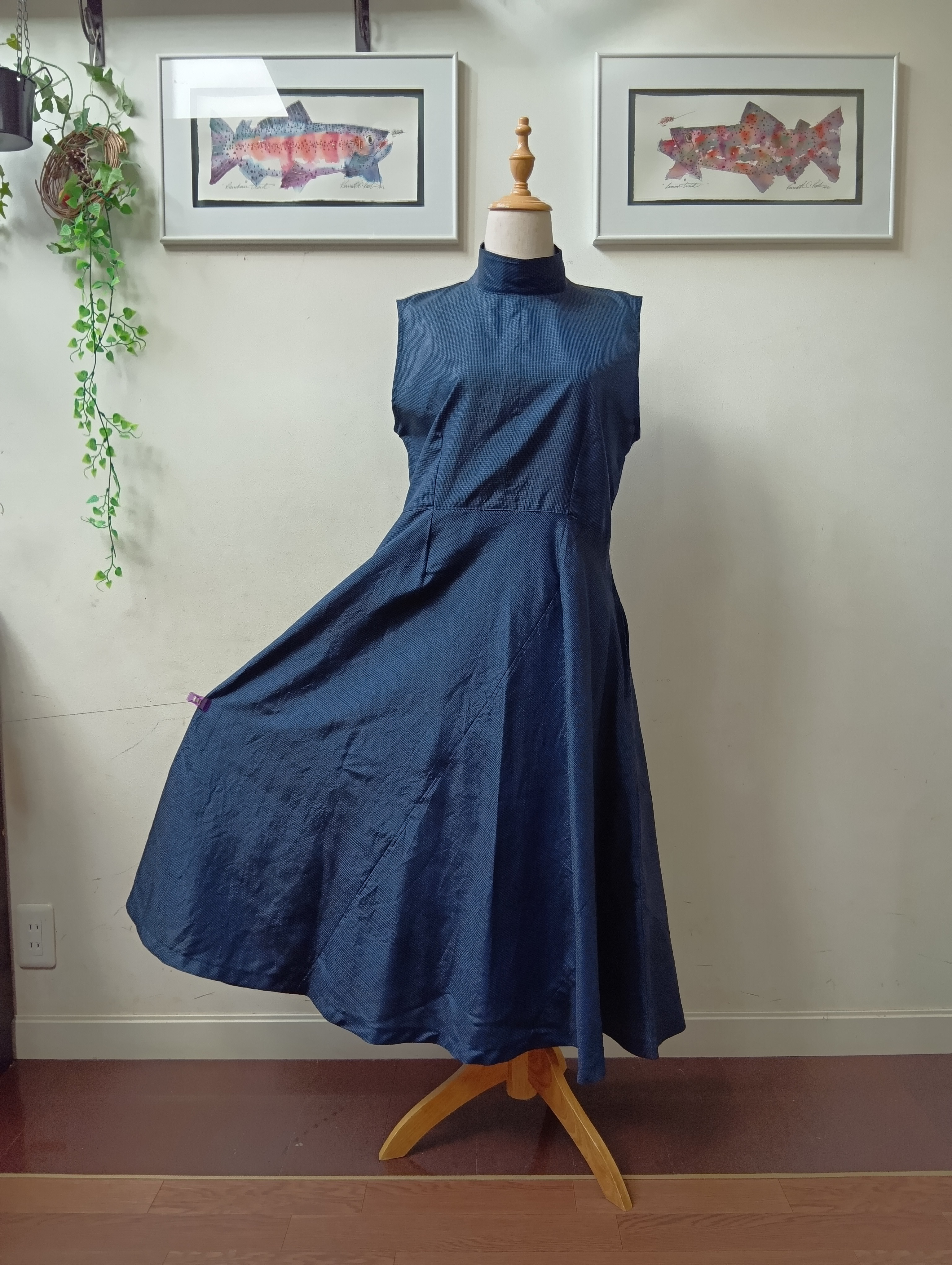 着物リメイクワンピース/L〜LL/スタンドカラー/ノースリーブワンピース/ハンドメイド