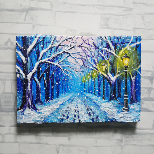 油絵 原画 【雪の散歩道】 絵画 油彩 雪 景色 風景画 冬 インテリア
