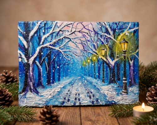 油絵 原画 【雪の散歩道】 絵画 油彩 雪 景色 風景画 冬 インテリア