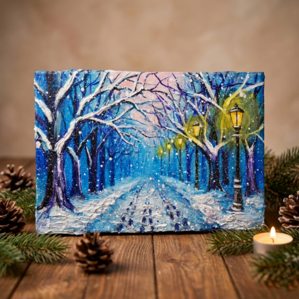油絵 原画 【雪の散歩道】 絵画 油彩 雪 景色 風景画 冬 インテリア