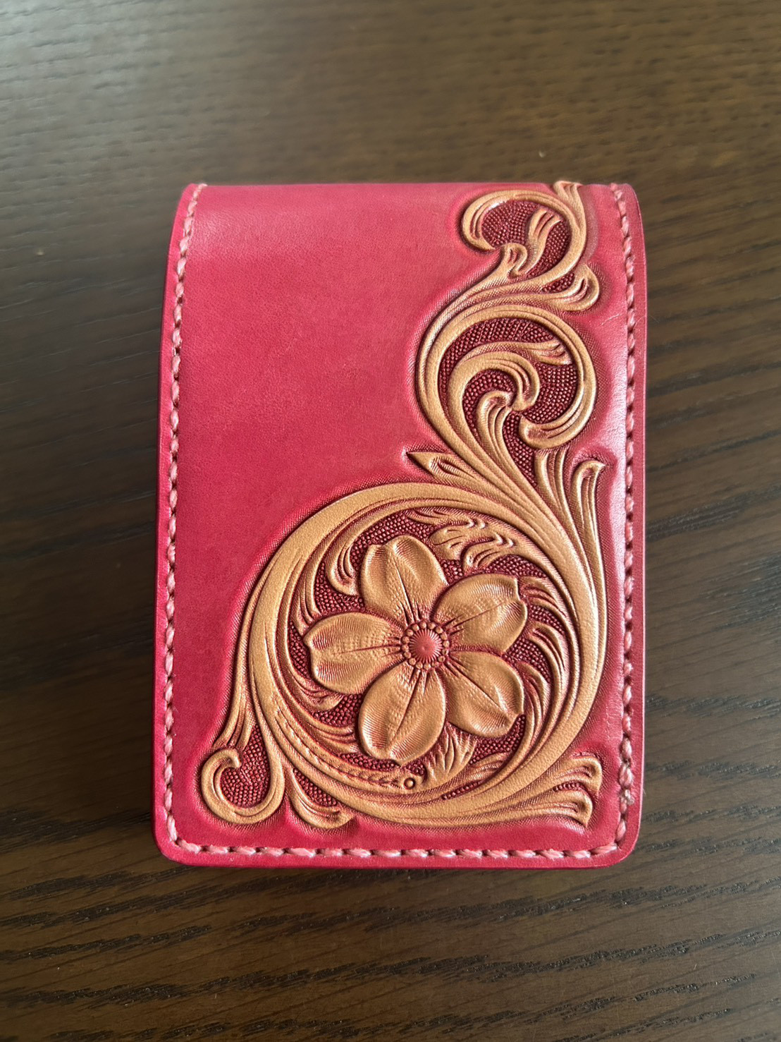 桜のパスケース　カードケース　レザーカービング
