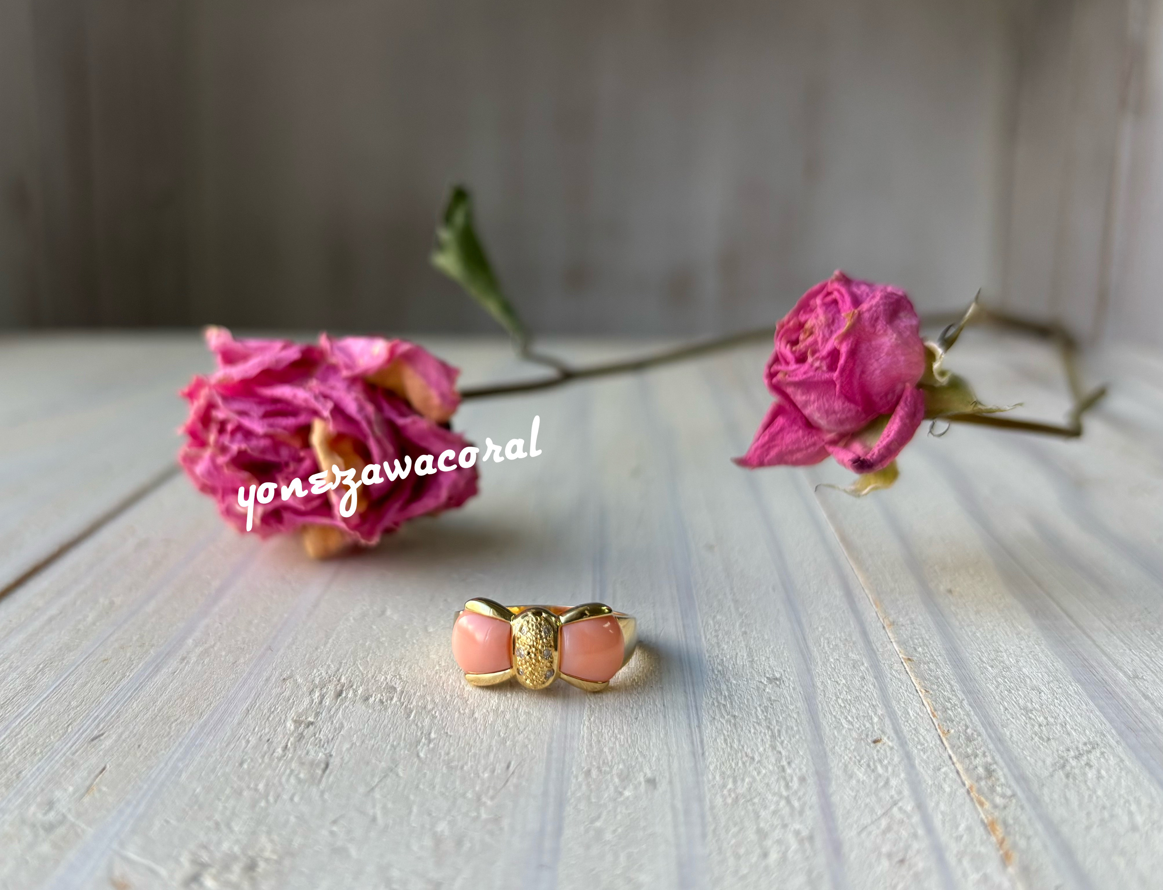 ピンクコーラル✖️ゴールドのリボン形リング〜結〜