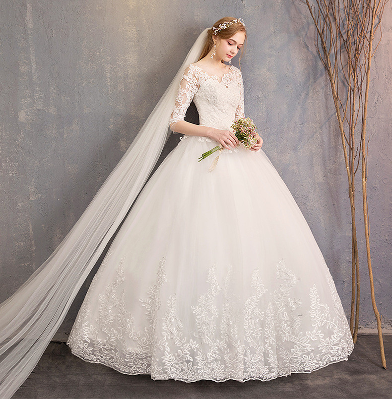 高級感 白 ウェディングドレス 五分袖 ふわふわ レース刺繡 プリンセス 綺麗 結婚式 花嫁 前撮り HL1264