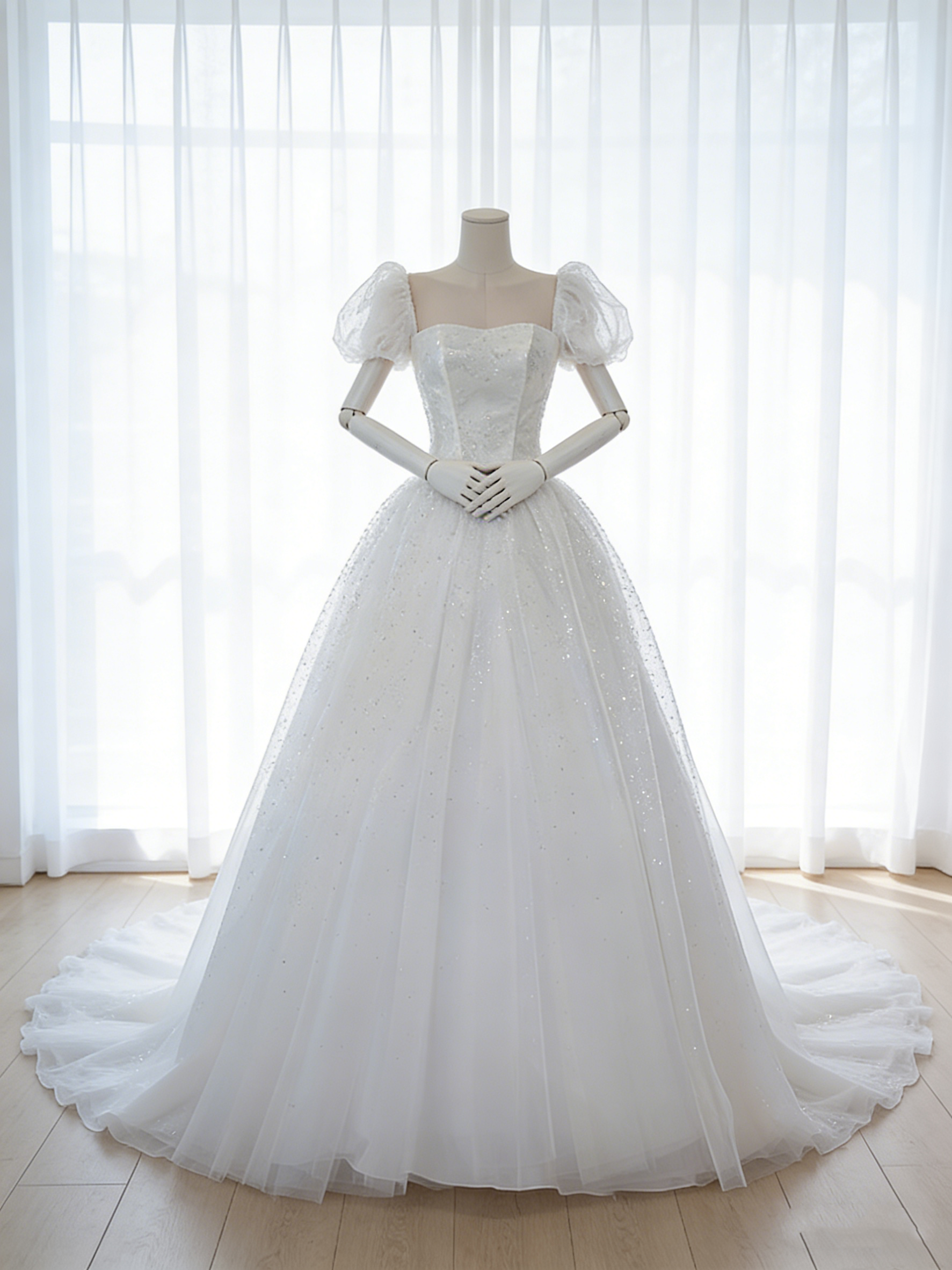 送料無料！ウエディングドレス パフスリーブ プリンセスライン キラキラドレス 結婚式 ブライダル Aライン エアリー感