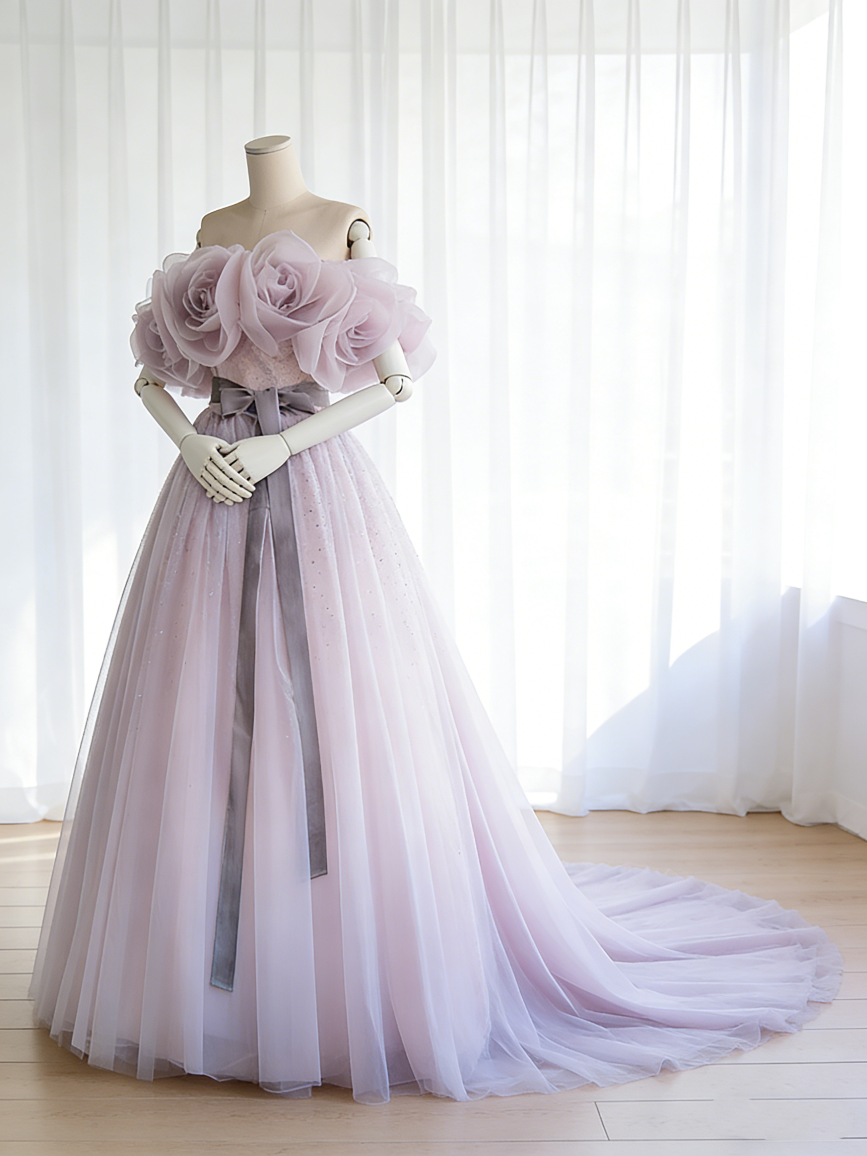 送料無料！カラードレス パープル オフショルダー ラッフルフリル サッシュベルト トレーン 花嫁 ブライダル