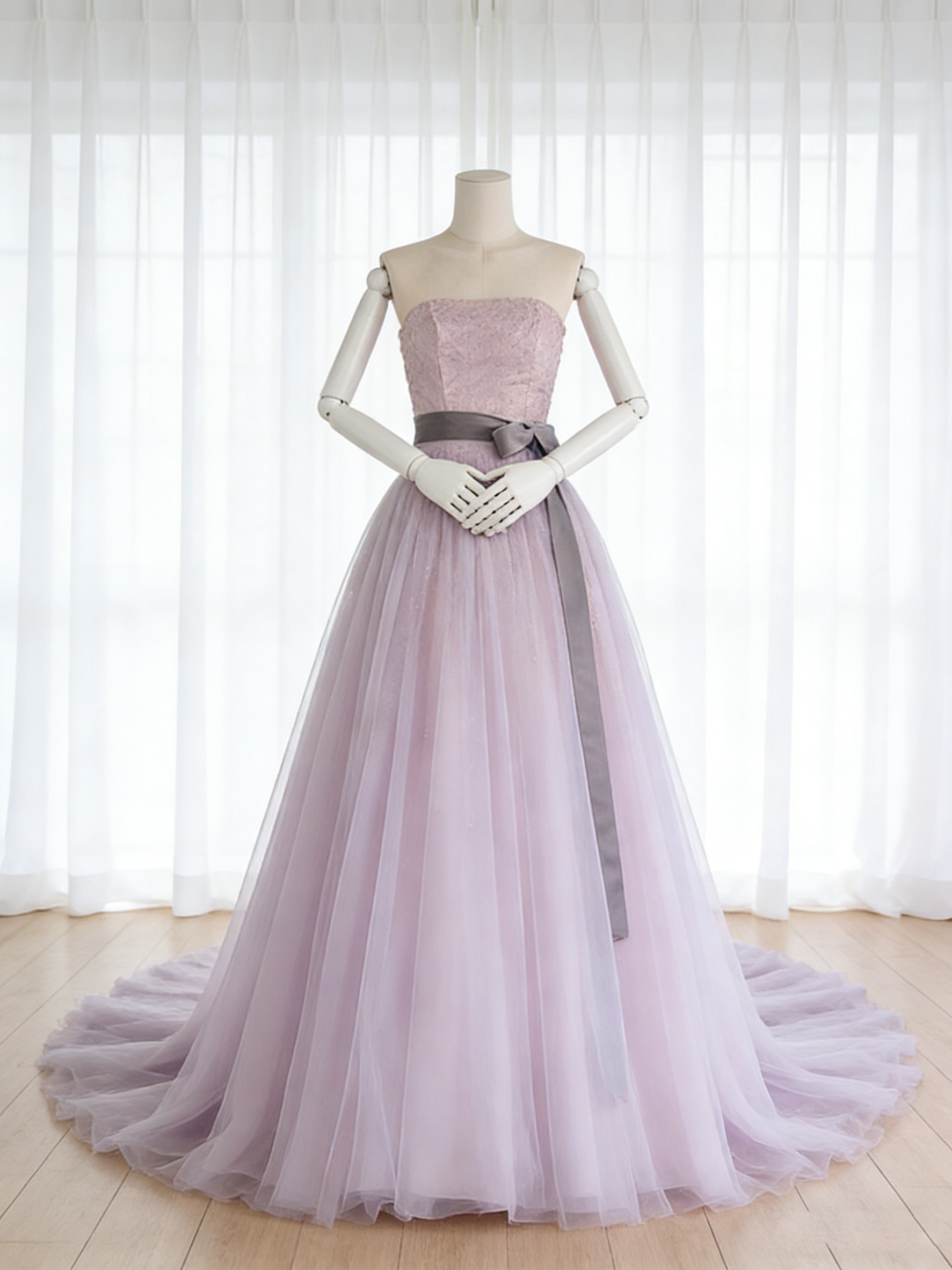 送料無料！カラードレス パープル ビスチェドレス ラッフルフリル サッシュベルト トレーン 花嫁 ブライダル