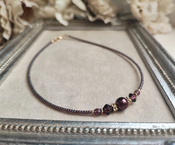 ボルドー色パールと紫色チェコビーズのチョーカーネックレス 11枚目の画像