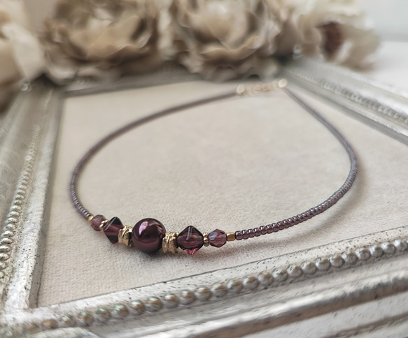 ボルドー色パールと紫色チェコビーズのチョーカーネックレス 9枚目の画像