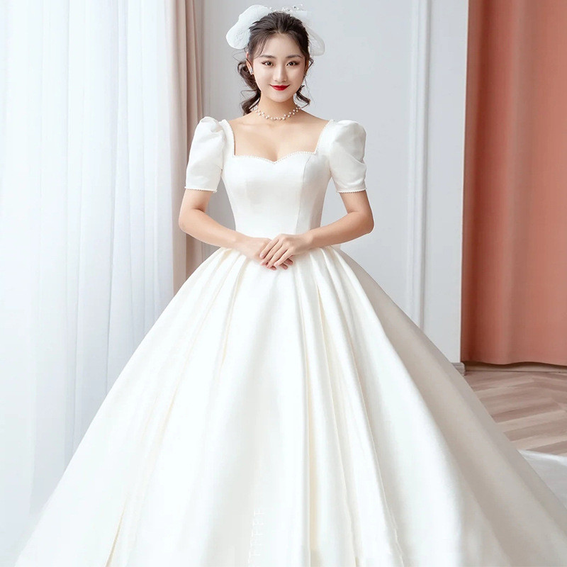 高級感 白 ウェディングドレス サテン リボン 半袖 プリンセス シンプル 結婚式 花嫁 誕生日 前撮り HL1275