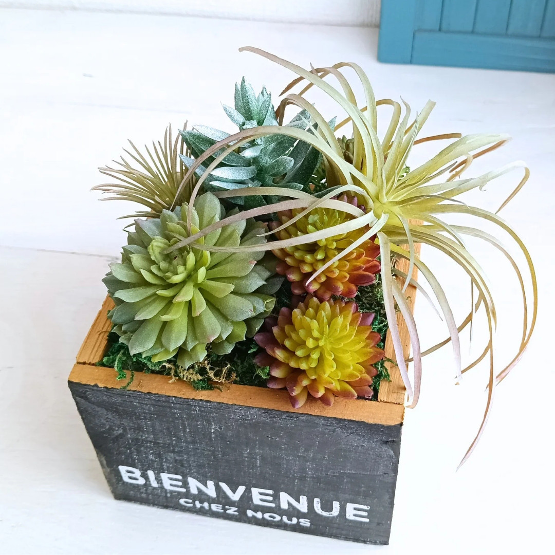 【グリーン】木製キューブのフェイク多肉寄植え(大小セット)　フェイクグリーン　インテリア　ボタニカル　造花　人工観葉植物