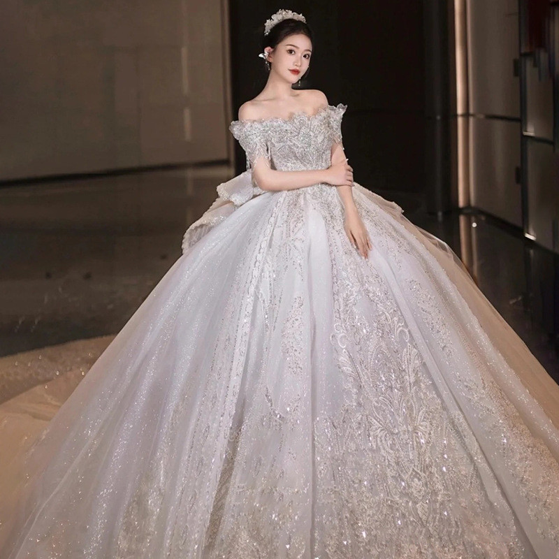 豪華 白 ウェディングドレス オフショルダー スパンコール プリンセス トレーン 結婚式 花嫁 前撮り HL1287