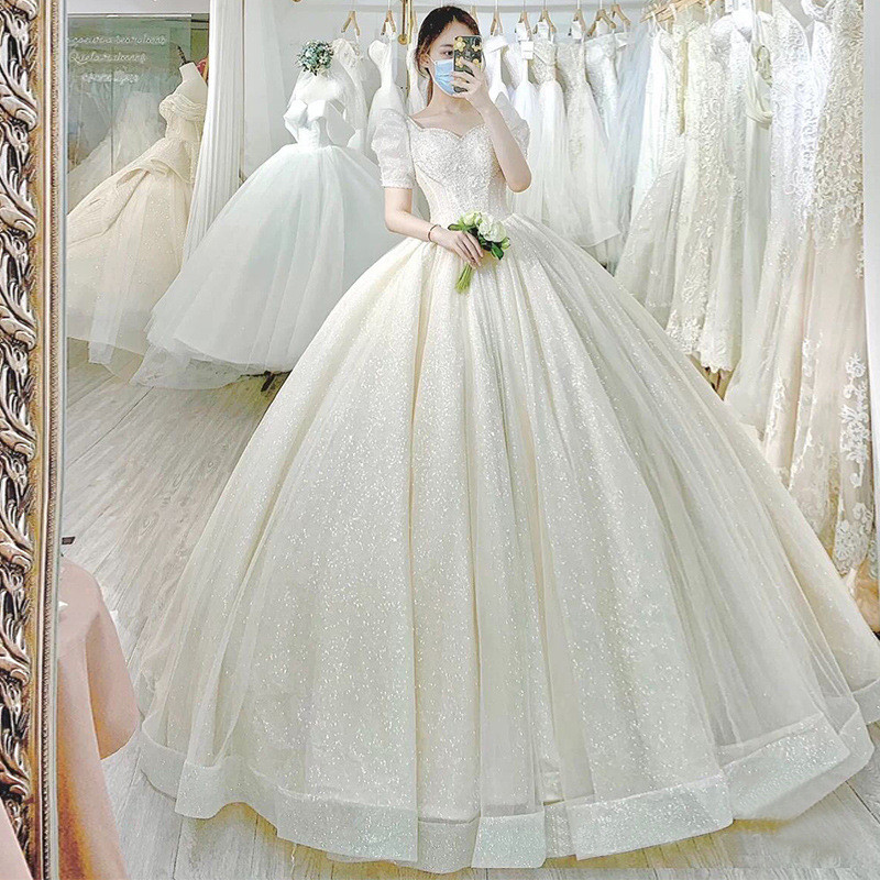豪華 白 ウェディングドレス 半袖 スパンコール きらきら プリンセス 高級感 結婚式 花嫁 前撮り HL1289
