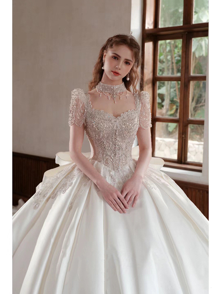 豪華 白 ウェディングドレス 半袖 パール リボン トレーン プリンセス 高級感 結婚式 花嫁 前撮り HL1296