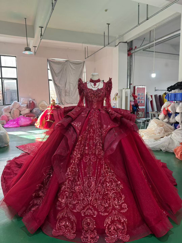 豪華 ラッパ袖 シースルー 赤系ワインレッド プリンセス キラキラグッ