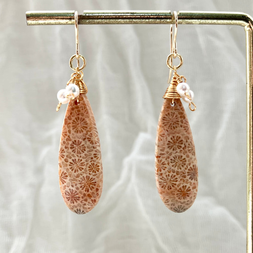 送料無料】 14kgf 天然石 一点物 フォシルコーラル ピアス イヤリング