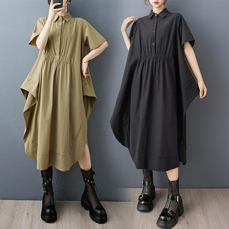 大きいサイズ ワンピース　変形裾　レディース 春夏　 新品 半袖　カーキ