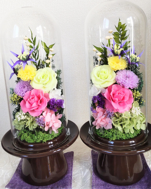ガラスドーム一対仏花プリザーブドフラワーお手入れ不要 プリザーブド
