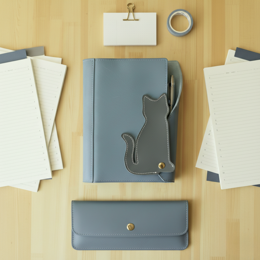 猫も気ににゃる　キャットモチーフのA5パステルシステム手帳ケース｜イタリアンレザー｜6穴｜カラーオーダー対応