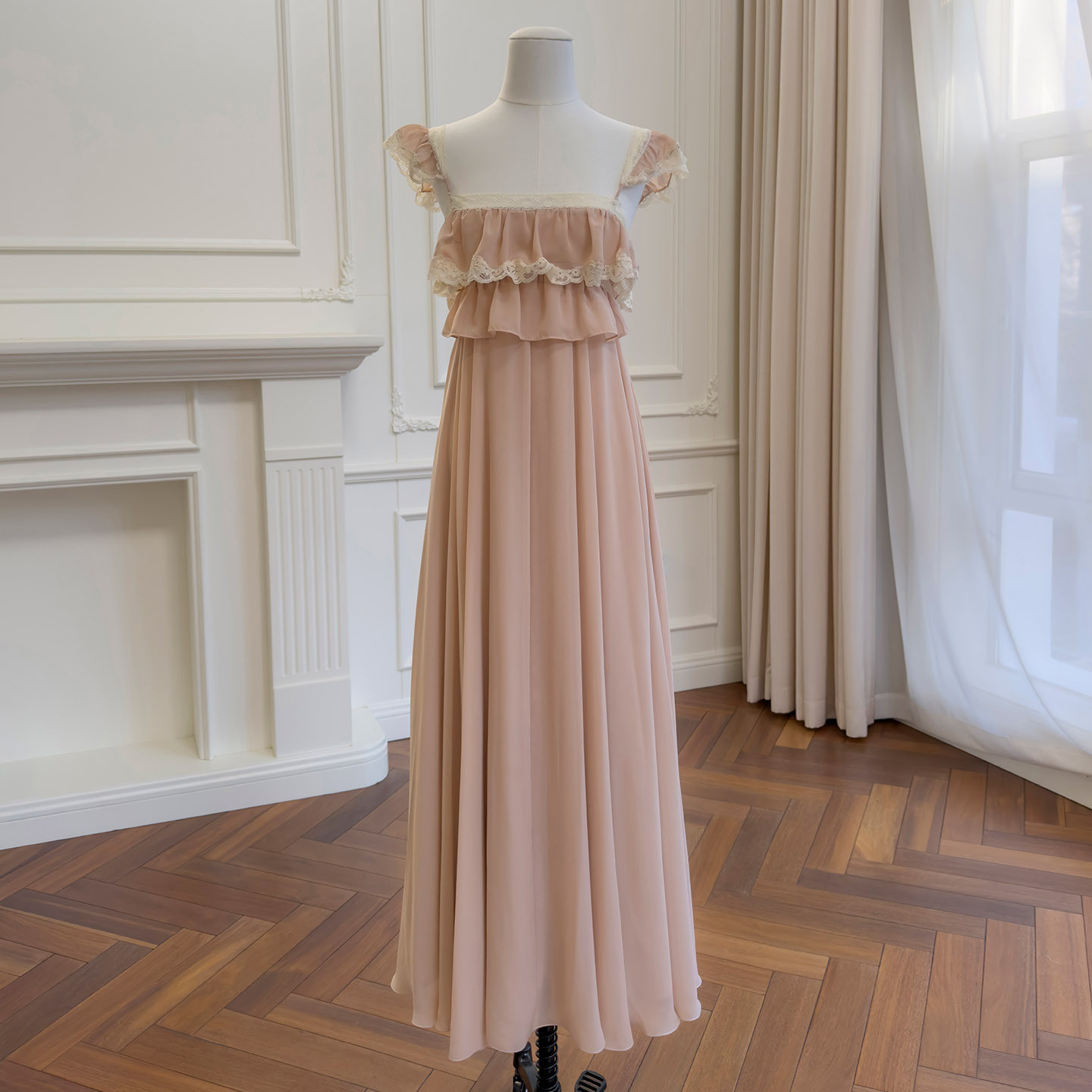 ピンク フリル 可愛い ワンピース パーティー カジュアル お出かけ 旅行 上品 ロング 韓国風 二次会 69617