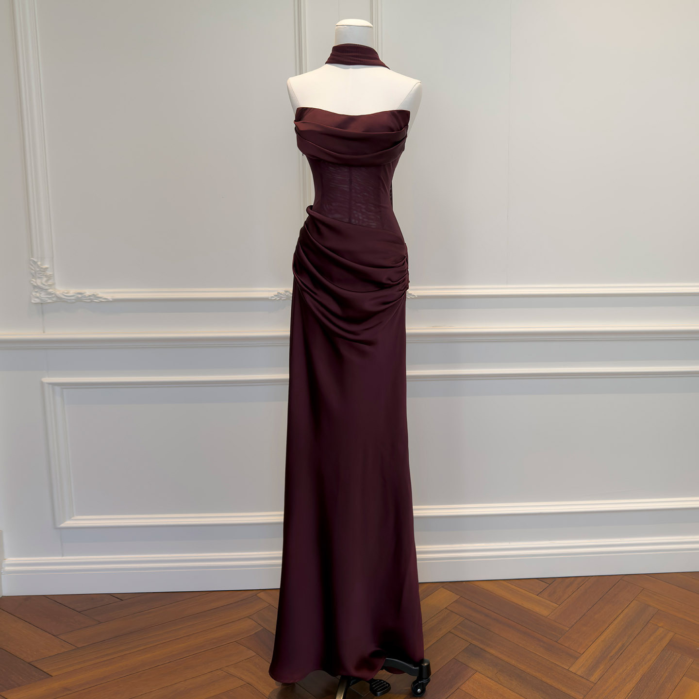 ワインレッド サテン ノースリーブ スリム ウェディングドレス パーティー 上品 ロングドレス 韓国風 二次会69534