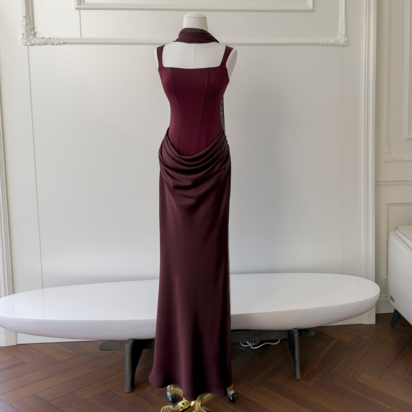 ワインレッド サテン シンプル スリム ウェディングドレス パーティー 上品 ロングドレス 韓国風 二次会 69564