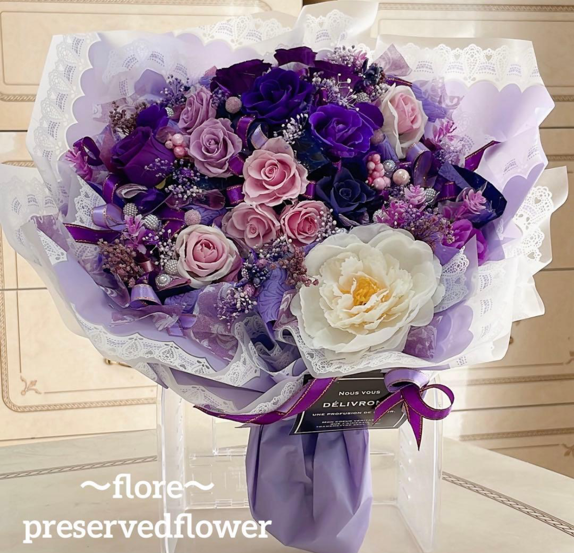 【送料無料、ラッピング込み】✨可愛い✨ボリュームのある花束✨ピンク系ミックスバラプリザ＆アーティフィシャル✨