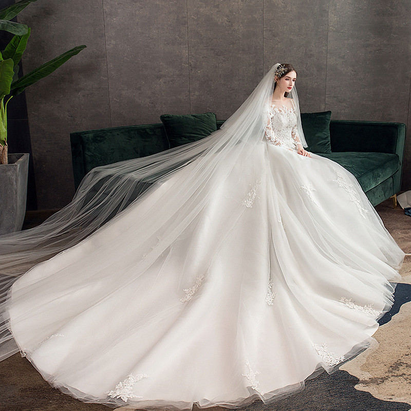 豪華 白 ウェディングドレス 長袖 レース刺繡 トレーン プリンセス 高級感 結婚式 花嫁 前撮り HL1300