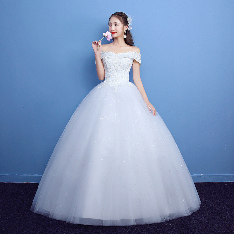 豪華 白 ウェディングドレス オフショルダー ふわふわ プリンセス 高級感 結婚式 花嫁 前撮り HL1301