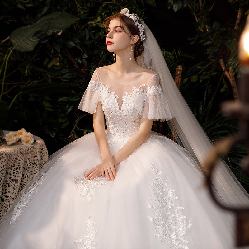 豪華 白 ウェディングドレス 半袖 ふわふわ プリンセス シンプル 高級感 結婚式 花嫁 前撮り HL1304