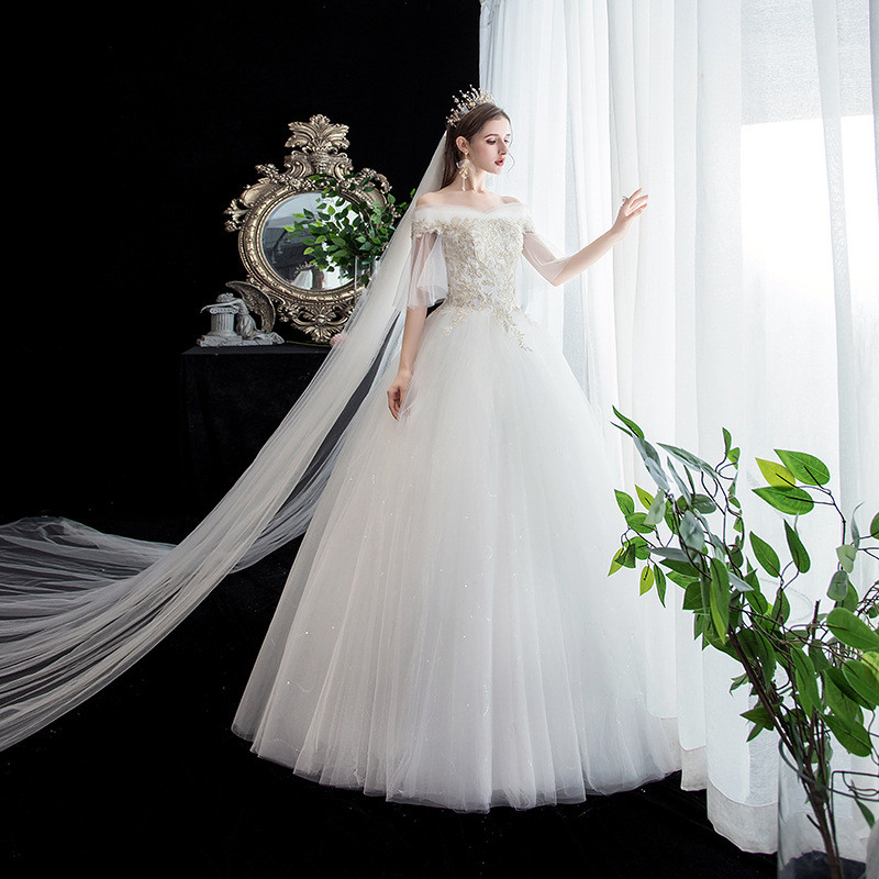 高級感 白 ウェディングドレス オフショルダー ふわふわ プリンセス 綺麗 結婚式 花嫁 前撮り HL1306