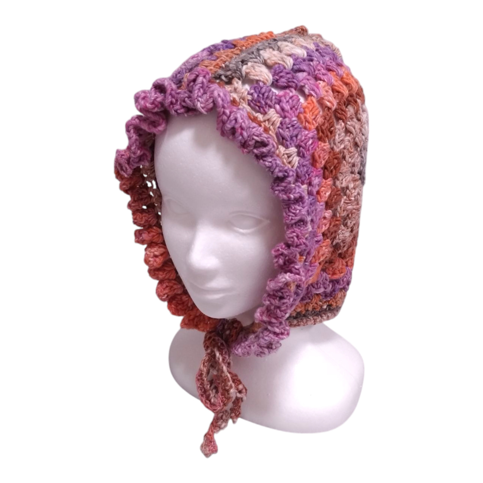 ハンドメイド・グラニースクエア ボンネット（大人用）— コットンシルク混・ピンク