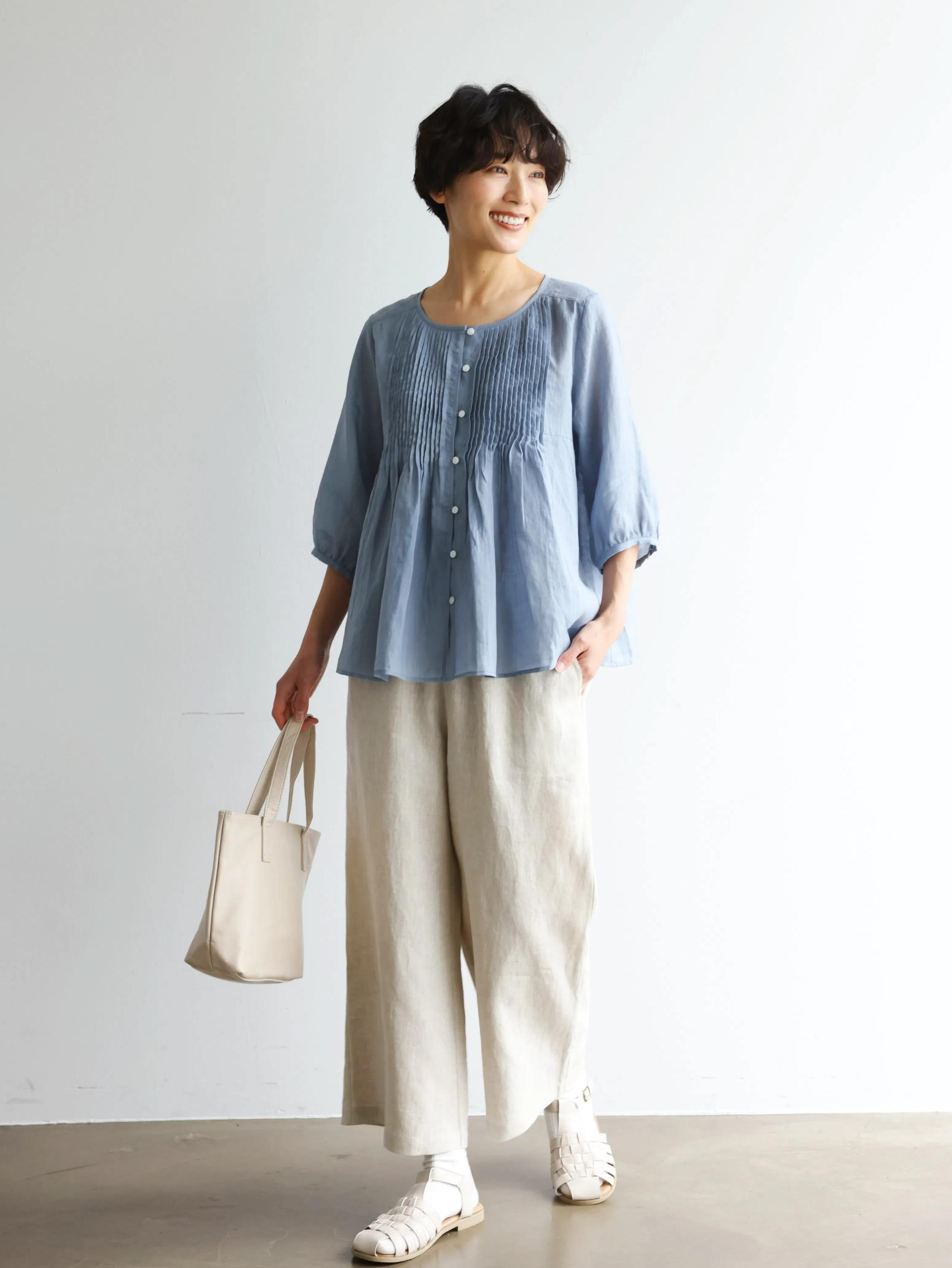 ★サンプルセール 1点のみ★ふんわりAラインが可愛い！ 風通し良く夏らしい麻ブラウス ブルーグレー250422-4