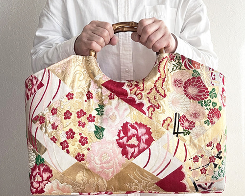 着物リメイク バッグ【バンブーハンドル帯バッグ （特大）金菱四季花