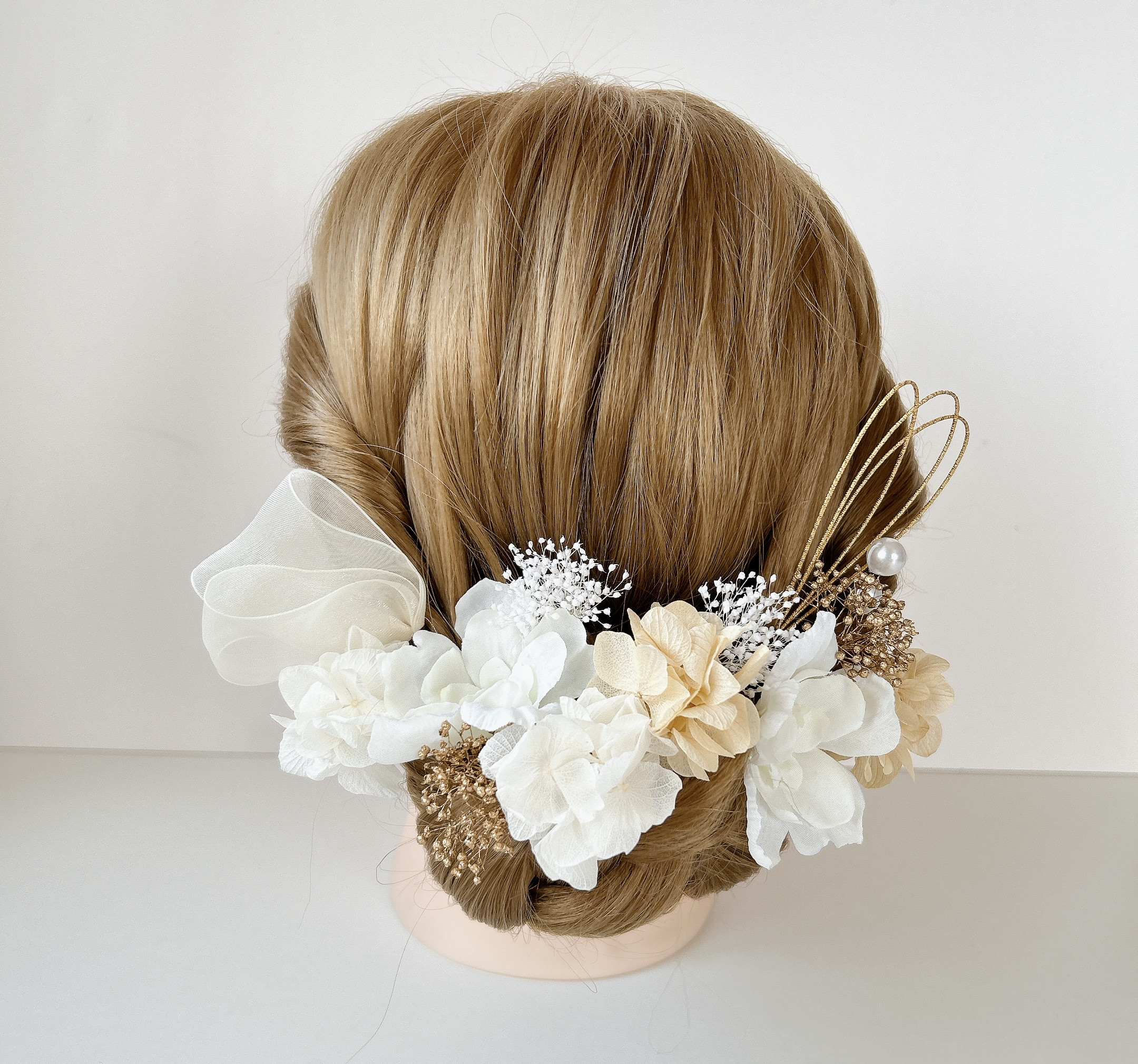 和装花嫁 髪飾り｜白×シャンパン×ゴールド 白無垢・神前式・前撮りに上品に映える ヘッドパーツセット
