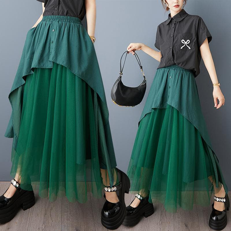 大きいサイズ　レディース　グリーン　チュール　スカート　ウエストゴム