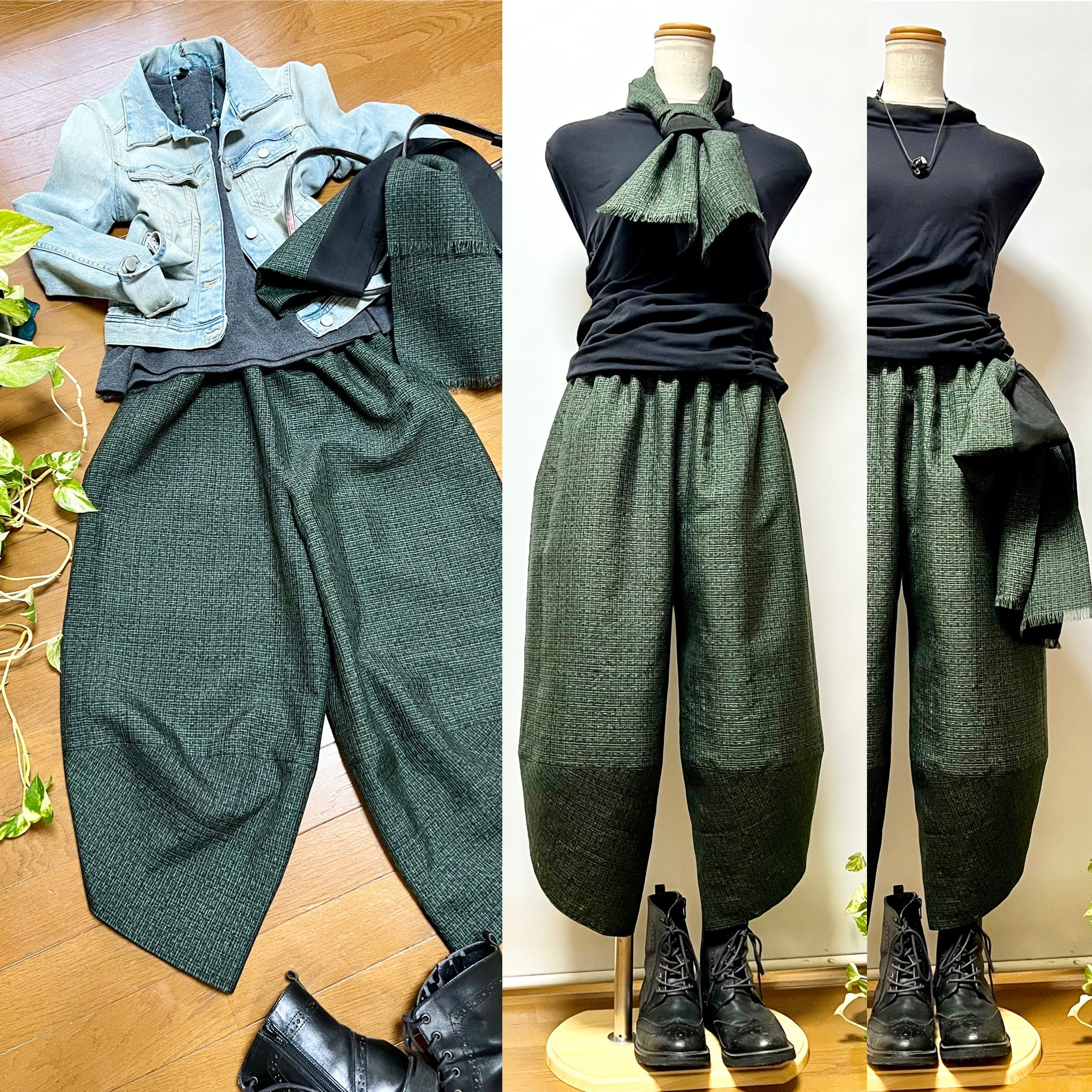 深緑格子＊紬サルエルパンツ＋ストール＊裏地付き＊着物リメイク