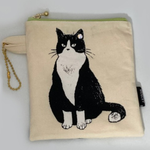 ハチワレ猫 スワロフスキー ペタンコポーチ 小④ 薄緑ファスナー