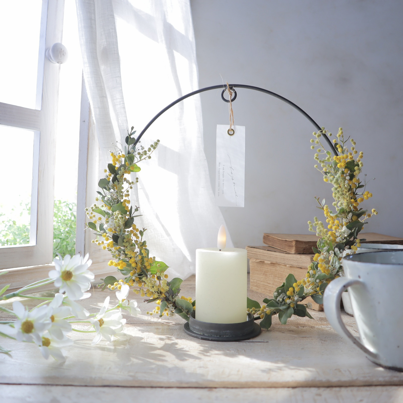 ミモザのアイアンリース　LEDキャンドル付き