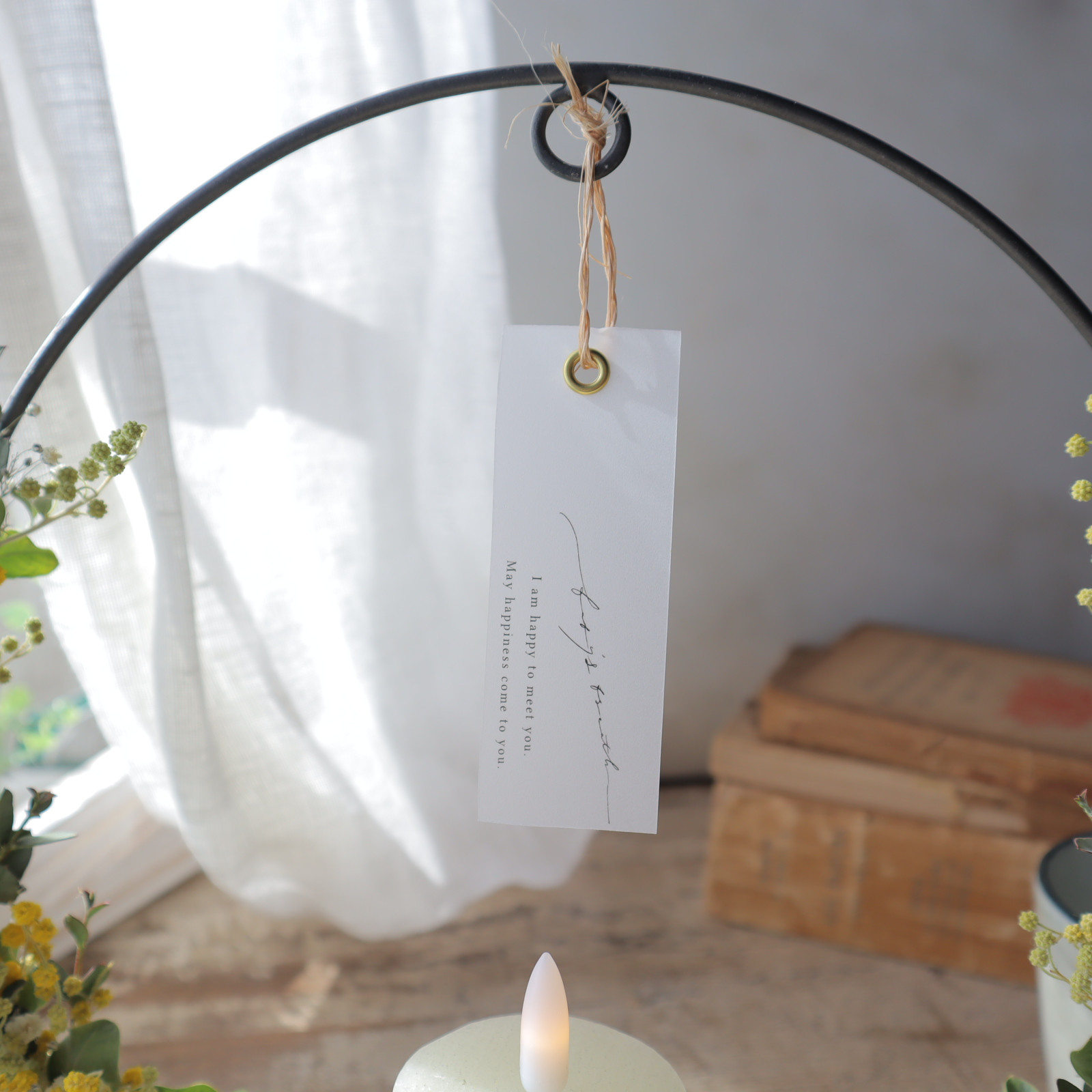 ミモザのアイアンリース　LEDキャンドル付き