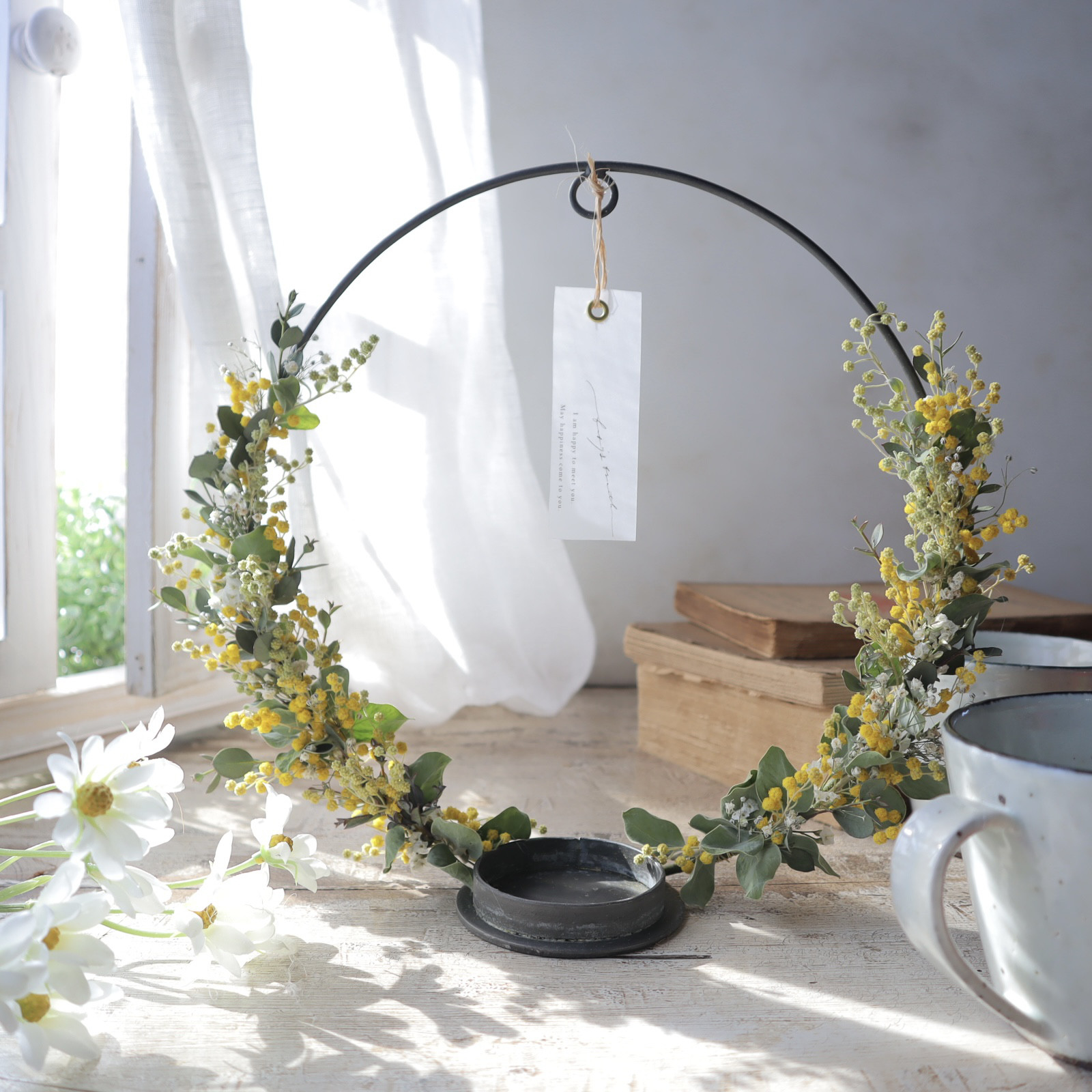 ミモザのアイアンリース　LEDキャンドル付き