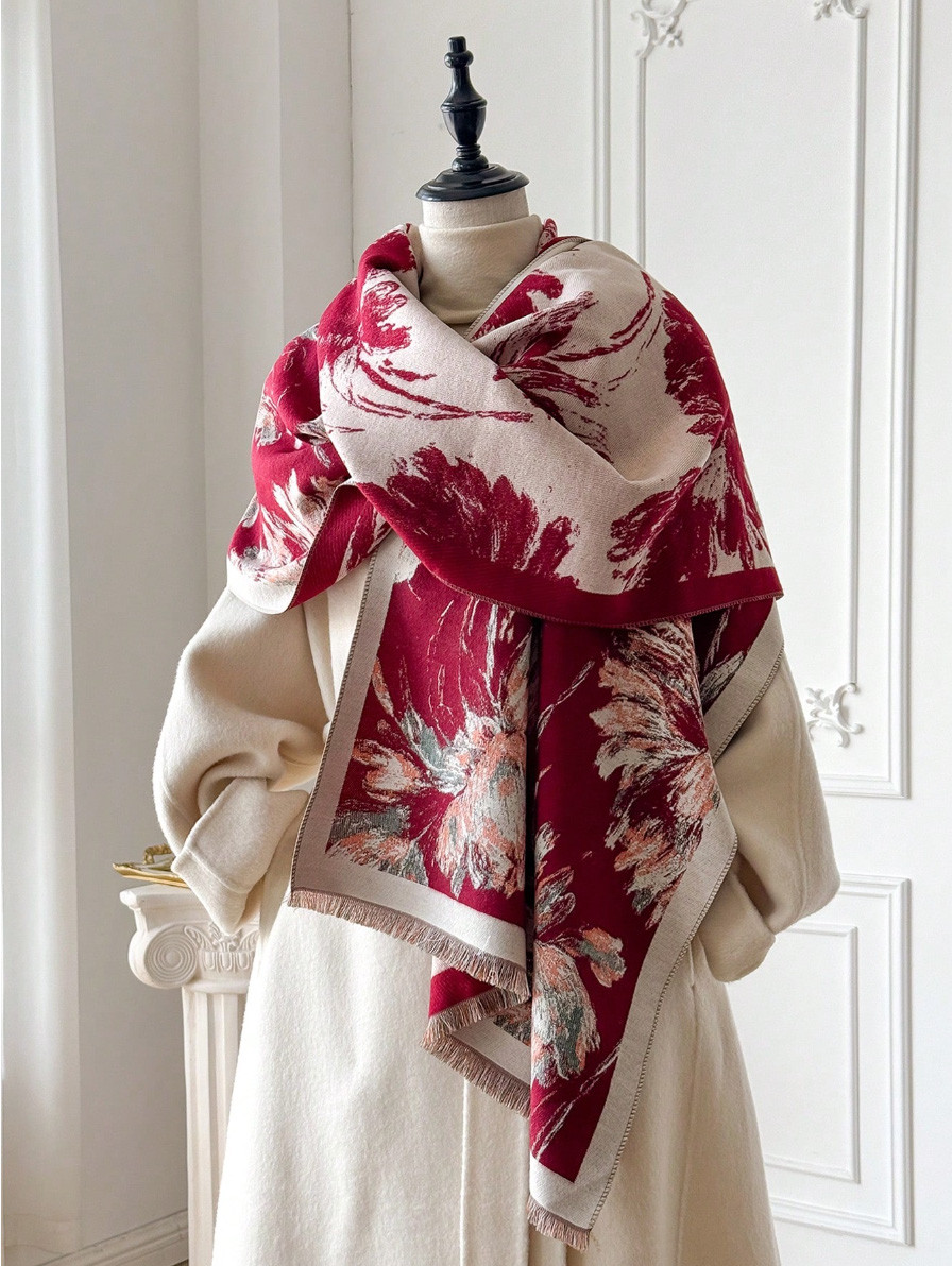 大輪の花のジャカード織り大判ストール レッド マフラー