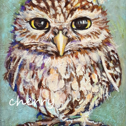 一点物】『 カモミールをのせたフクロウ 』油絵 額付き 原画 絵画