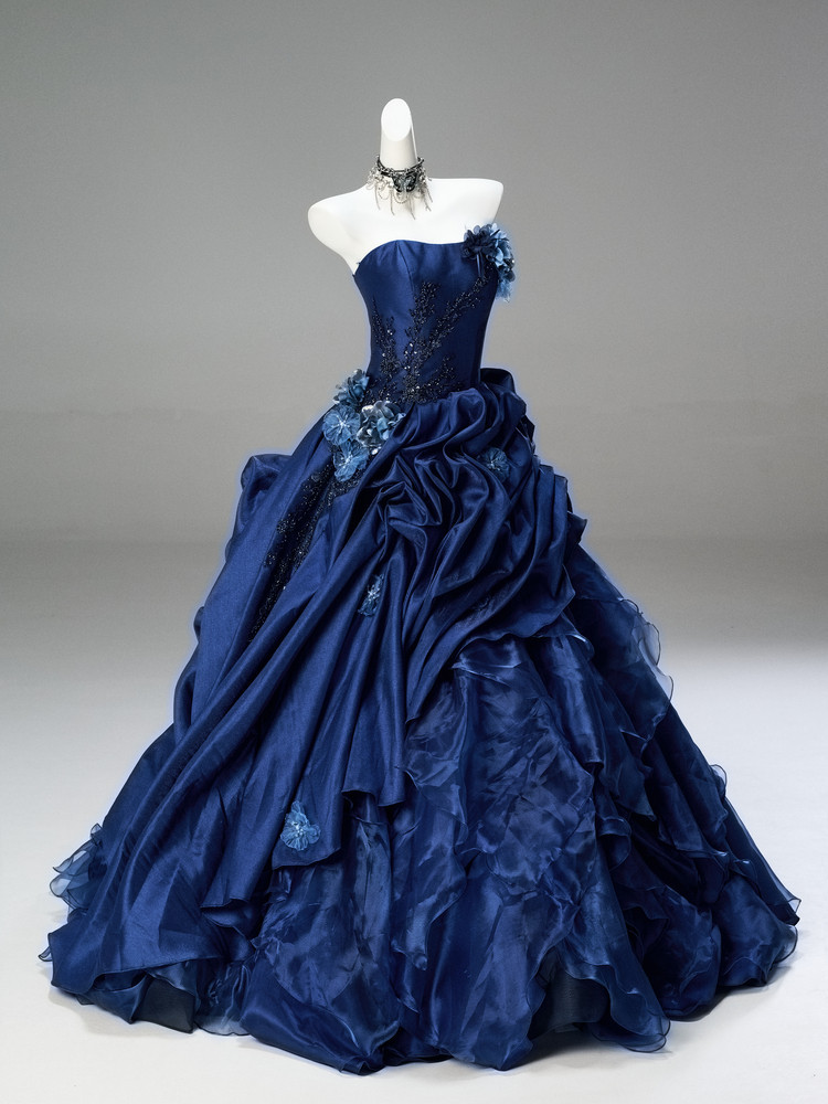 受注制作 ドレス 青 ブルー 花 綺麗 プリンセス 豪華 上品 演奏会 誕生日 成人式 ロングドレス CQ010